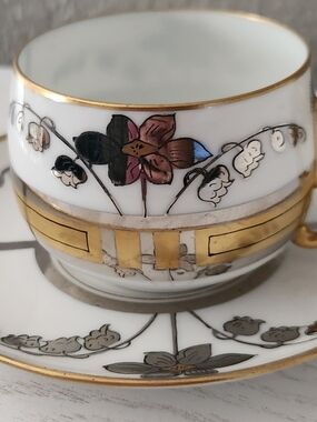 Antique Demitasse Cup & Saucer M&Z Austria Stouffer Hand Painted Gold Gilt Trim